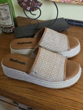 Refresh Women's Beige Woven Espadrille Platform Slide Sandals